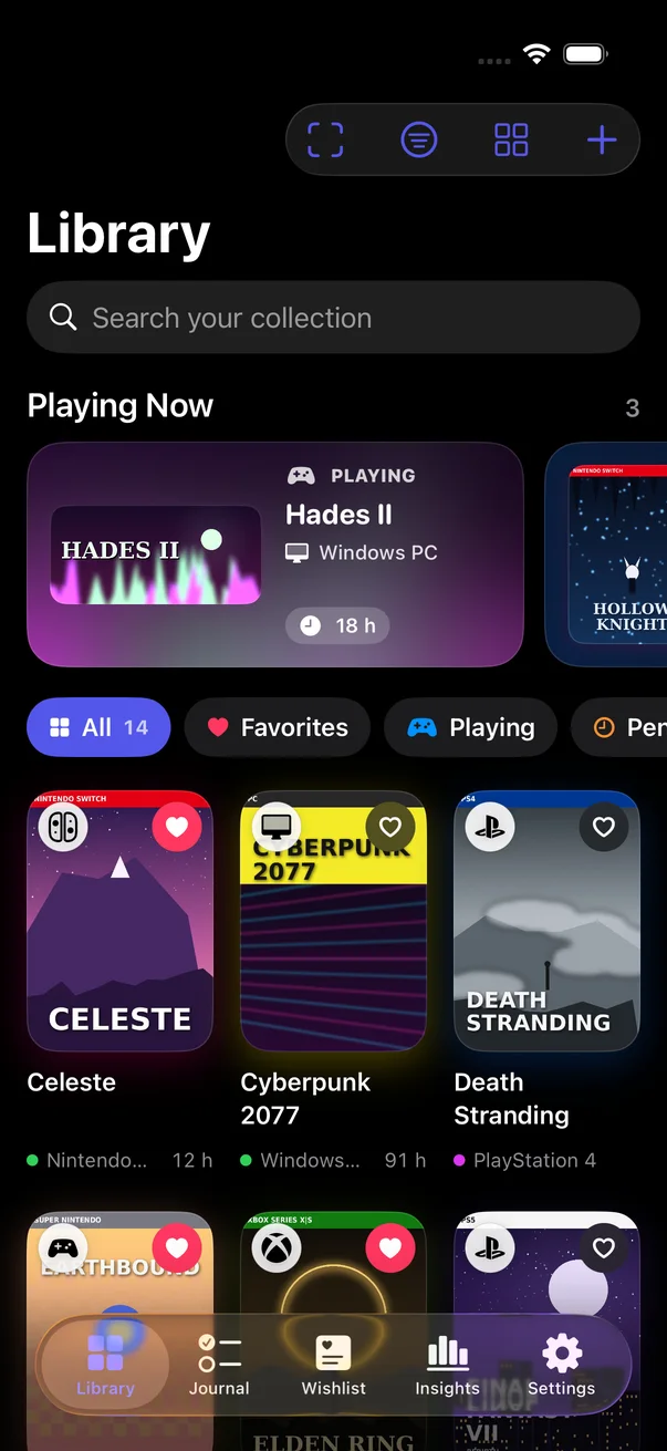Game Inventory library with covers, quick filters and a Playing Now section