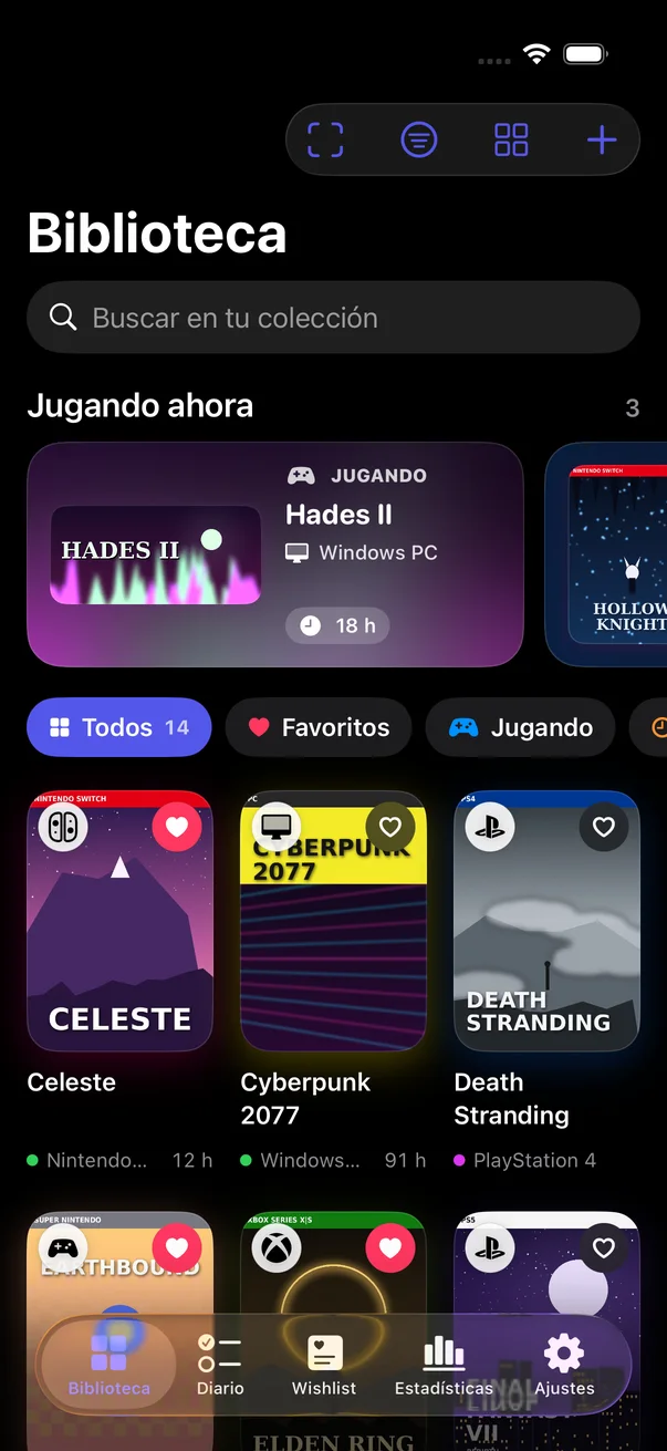 Biblioteca de Game Inventory con portadas, filtros rápidos y sección Jugando ahora